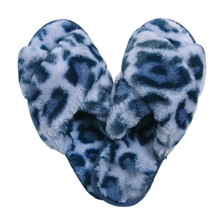 

Plush Slippers - Soft Warm Women s Cross Band Slippers - Stylish Furry Leopard Open Toe House Shoes for Women - Anti-Slip Rubber Sole - for Ladies Indoor Outdoor