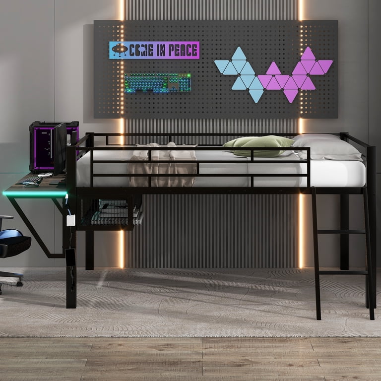 Euroco Full Loft Bed with Desk, LED Light and Storage, Black photo 2
