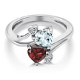 thumbnail image 3 of Gem Stone King 925 Sterling Silver Sky Blue Aquamarine Red Garnet and White Lab Grown Diamond Ring for Women (1.76 Cttw, Heart Shape 6MM, Gemstone March Birthstone, Size 5), 3 of 6