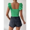 thumbnail image 4 of Top de mujer con nudo de lazo, cuello delantero, sin mangas, Top con volantes, blusa delgada de punto acanalado, blusa de Color puro verde L, 4 of 6