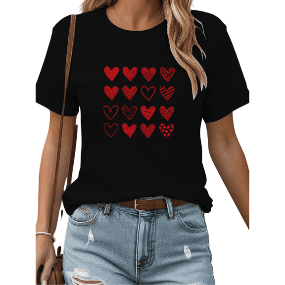 Women's Black Print Tshirt Graphic Tees Multi-Pattern Red Love Heart Shirts S-5XL Casual Daily Tops