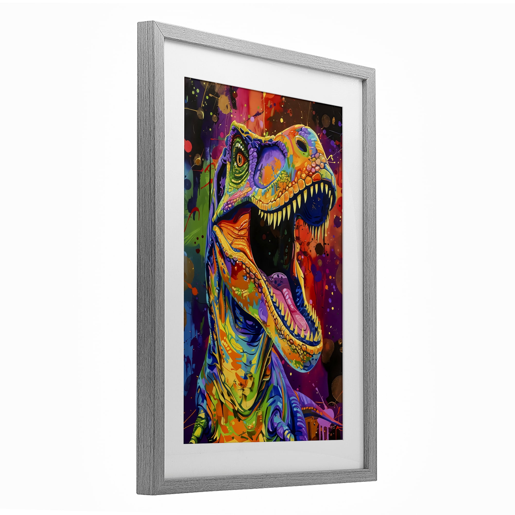 Stupell Industries Paint Splatter Urban T-Rex Gray Framed Print Under Glass, design by Creative Studio