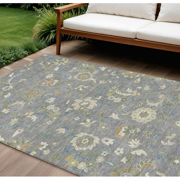 8' X 10' Gray Blue And Green Floral Washable Indoor Outdoor Area Rug