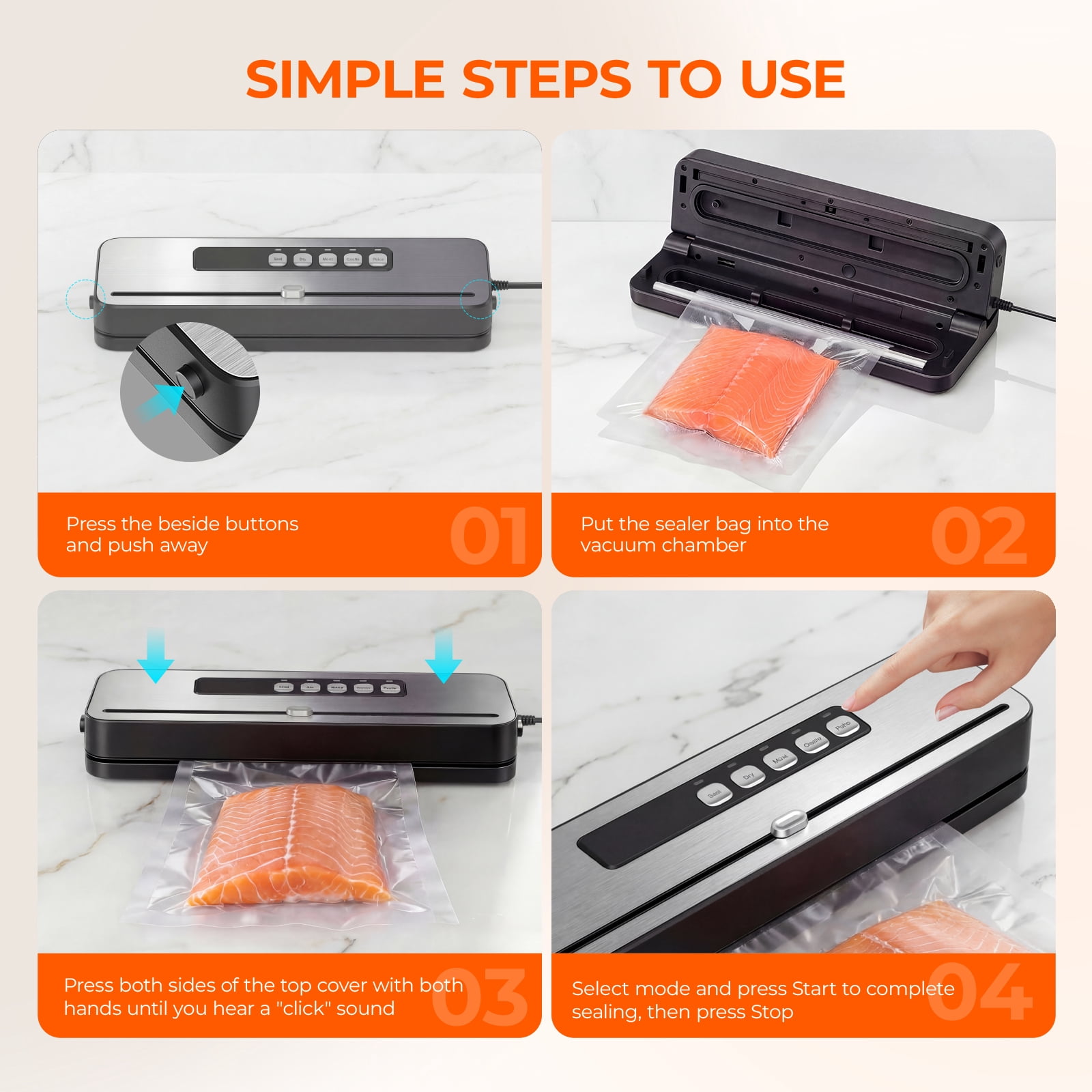 RUIE Vacuum Sealer Machine for Food with 20 Bags,60KPa Automatic Air Sealing Food Saver with Dry and Moist Food Modes,Led Indicator Lights, Easy to Clean, Compact Design
