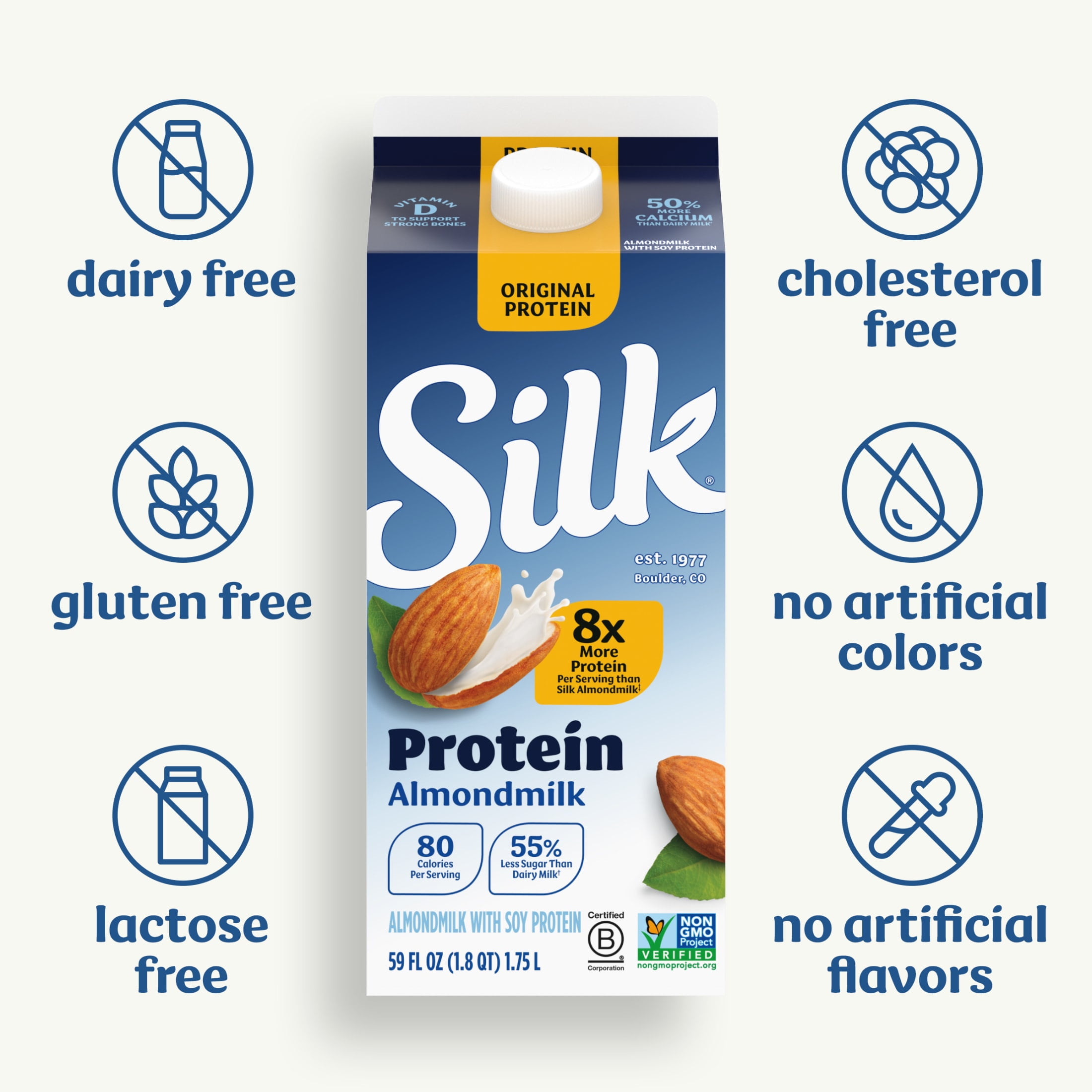 Silk Dairy Free, Gluten Free, Original Protein Almond Milk, 59 fl oz Carton