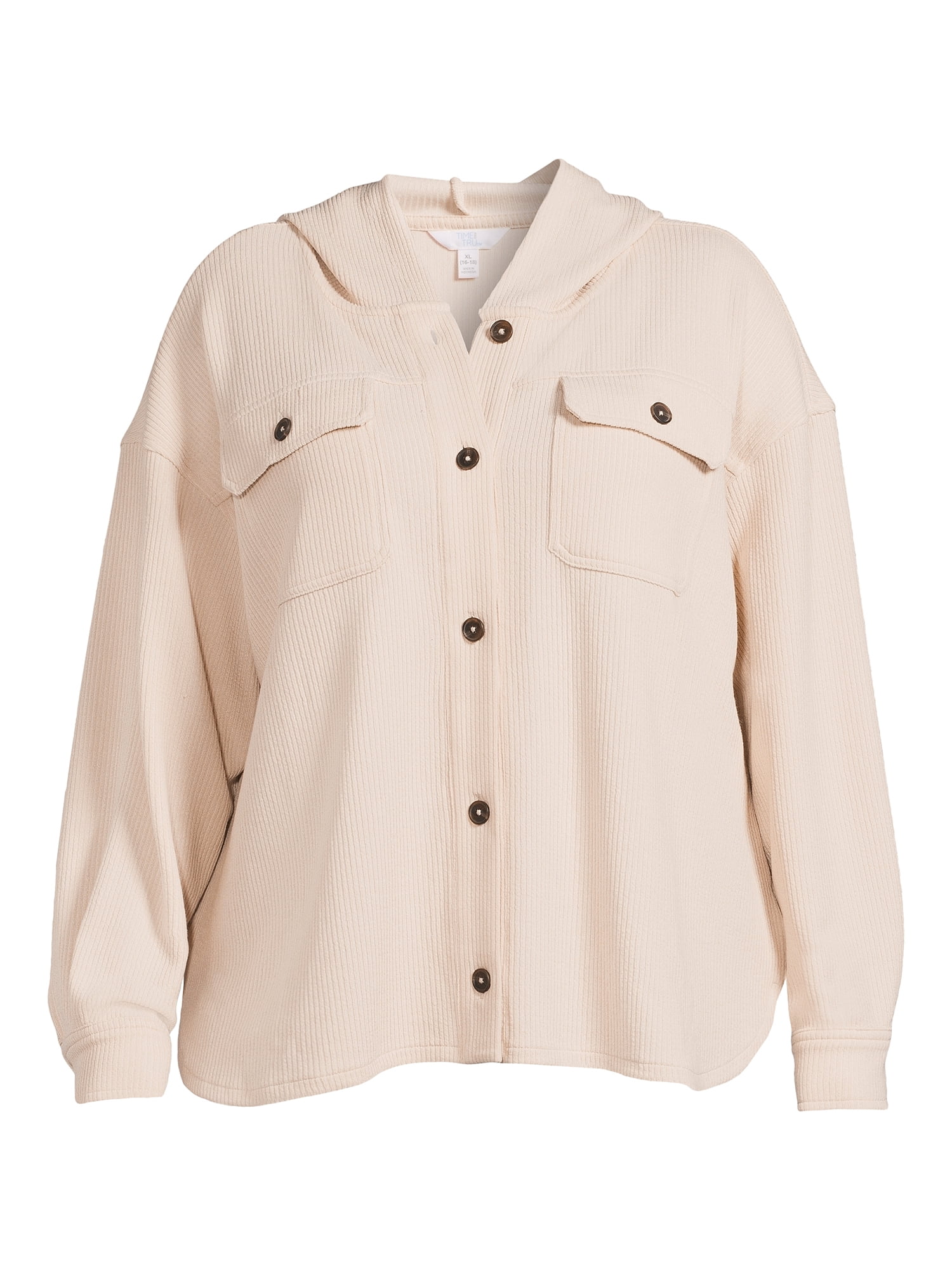 Time and Tru Women's Ribbed Hooded Shacket, Sizes S-XXXL