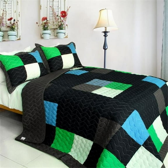 Fatal Attraction 2 - Vermicelli-Quilted Patchwork Plaid Quilt Set Twin Size - Black