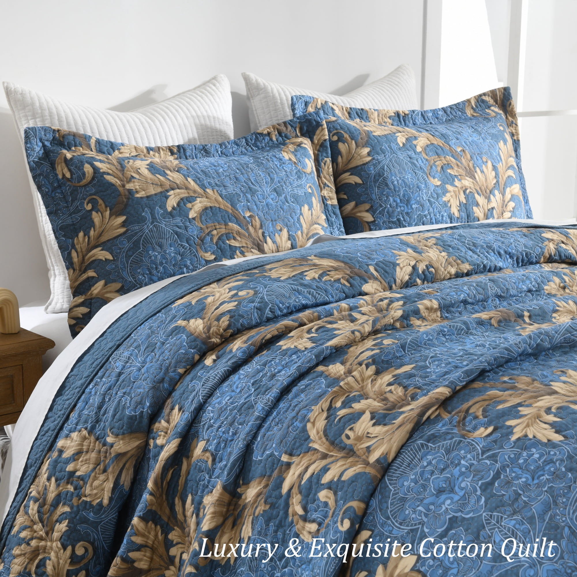 BCOTTOND Floral Quilt Set King Size - Reversible Dimensional Botanical Bedspread - 100% Cotton Pre-Washed Luxury Coverlet with 2 Pillow Shams(Bule/Brown)