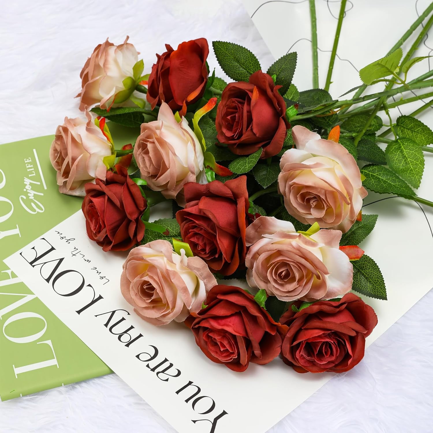 Brown Fake Roses Artificial Flowers - Fake Artificial Roses Silk Flowers with Stems for Home Wedding Hotel Office Centerpiece Decor（Gradient Brown）