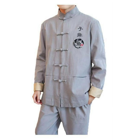 Panda Superstore  Suit Standing Collar Cotton & Linen Chinese Long Sleeve Kungfu Cloth Men Shirt, Grey
