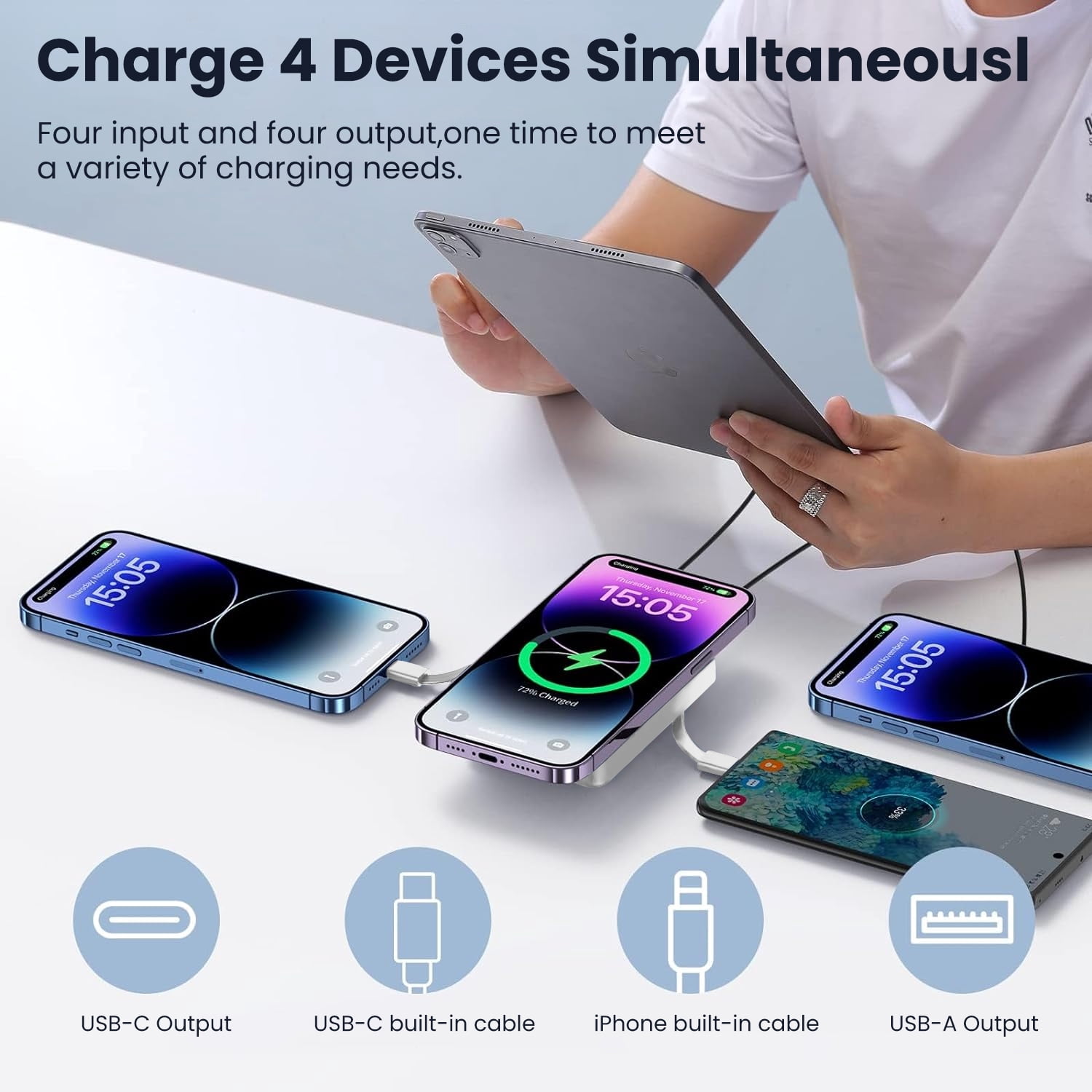 GASYESOY Portable Charger,10000mAh 20W Power Bank,Built-in Cables Fast Charging,with LED Display for iPhone 16/15/14/13/12 and Android,White