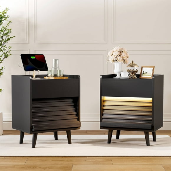 GUNAITO Nightstand set of 2 with Charging Station Bedside Table with LED Light Wood Nightstand with Wave Texture Drawers End Table with USB Ports and Outlets for Small Space Black 2pcs