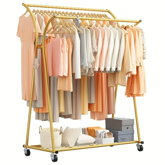 Heavy Duty Clothing Rack 69x52x20 Inches - Golden Double Rod Garment Rack with Wheels 230lb Capacity, Portable Freestanding Clothes Hanger Rack for Bedroom Closet