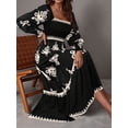 thumbnail image 5 of Women Fall Wedding Guest Dresses Boho Floral Long Sleeve V Neck Flowy Elegant Maxi Dress Beach Clothes Black S, 5 of 8