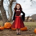 thumbnail image 6 of Virmaxy Toddler Halloween Costume Vampire Dress Red Black Lace Tulle Bell Sleeve with 4 Piece Accessories Set Wand Necklace Bracelet Headband for Party 3T-9T, Red, 6 of 6