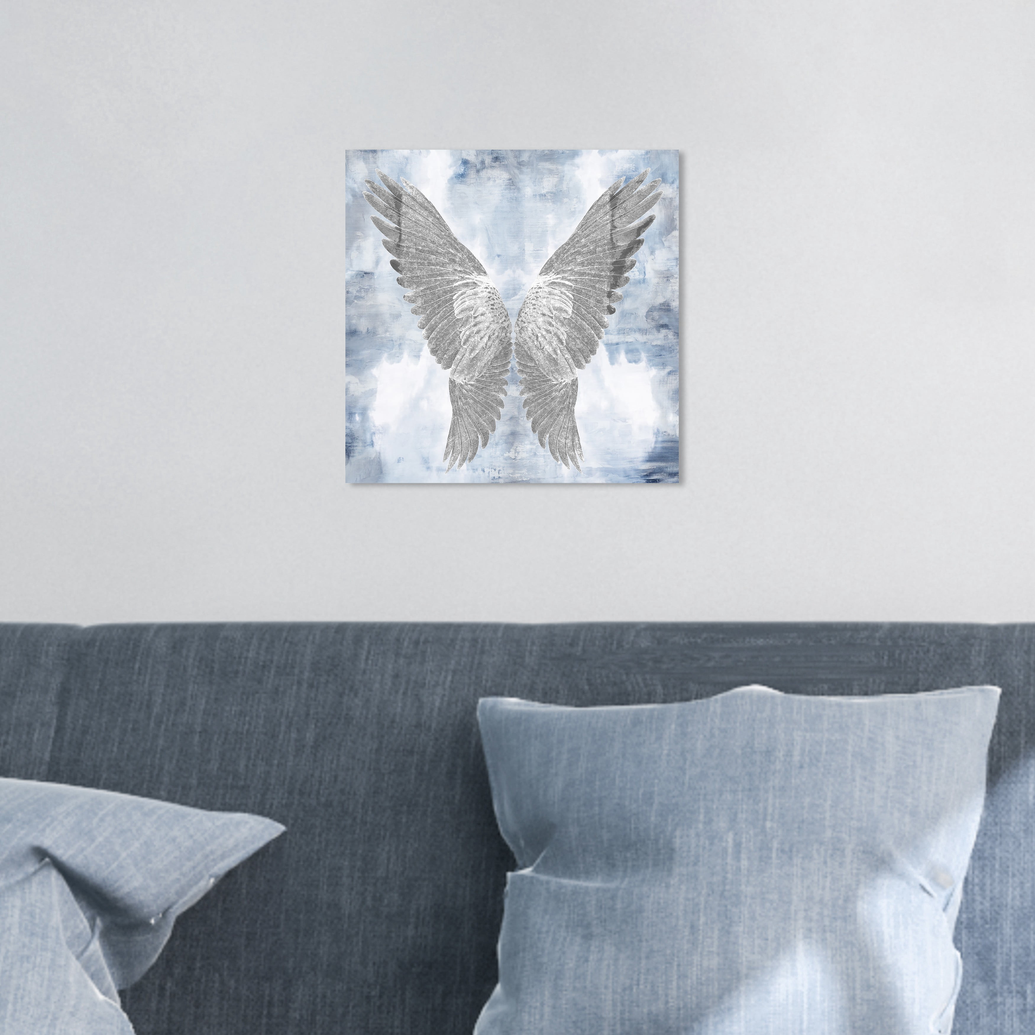 Wynwood Studio Fashion and Glam Modern Canvas Art - Silver Wings On Blue And White Background, Wall Art for Living Room, Bedroom, and Bathroom, 12 in x 12, Home Decor