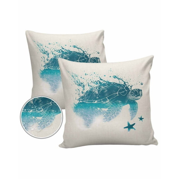 Pack of 2 Outdoor Pillow Covers, Summer Ocean Blue Sea Turtle Burlap Texture Waterproof Square Throw Pillowcase Cushion Decorative Pillow Covers for Couch Patio Tent, 16x16 in