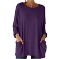 thumbnail image 3 of TaTaai Women’s Casual Round Neck Solid Long Sleeve Blouse With Pockets Loose Fit Printless T Shirts Soft Polyester Daily Holiday Travel Top Gift, 3 of 8