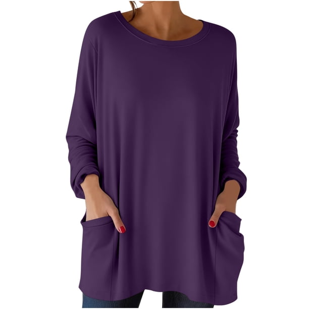 Tops de Manga Larga de las Mujeres Casual Color Sólido Cuello Redondo Suelto Encaje Superior con Bolsillo, Tops de Manga Larga de las Mujeres
