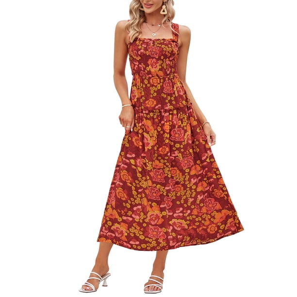 VISgogo - Vestido sin mangas para mujer, color sólido/estampado, busto fruncido, escote cuadrado, espalda abierta VISgogo moda