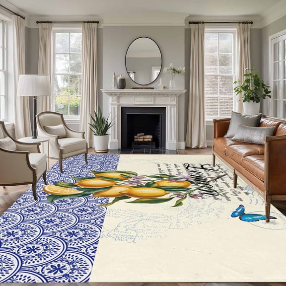 Large Area Rugs for Living Room Bedroom, Lemon 8'x10' Rug Washable Carpet Runner Indoor Outdoor, Summer Vintage Yellow Fruits Italy Blue Textured Non Slip Floor Mats Rug for Kitchen, Patio