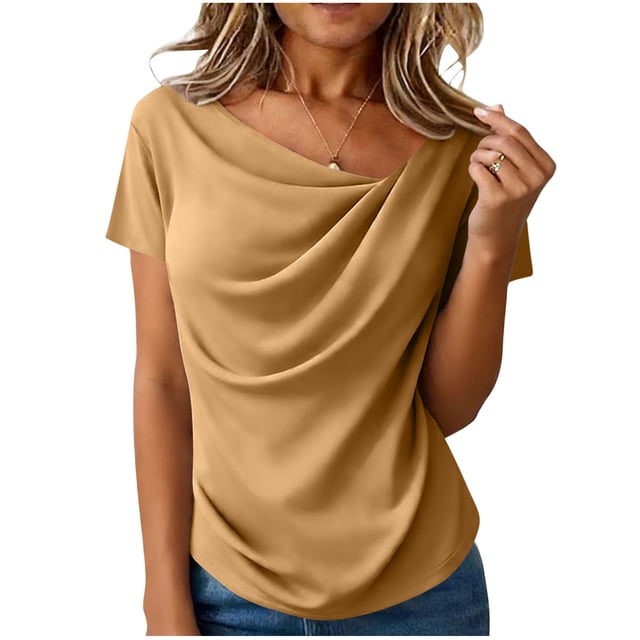 Camisas de Manga Corta para las Mujeres Casual Color Sólido Plisado Cuello Redondo Blusa, Casual Camisas de Manga Corta para las Mujeres Suaves