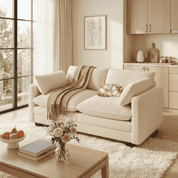 75” Loveseat with Washable Cover for Small Places, Noelse Small Cloud Love Seat Couches with Deep Seat for Living Room and Bedroom, Corduroy Fabric, Beige