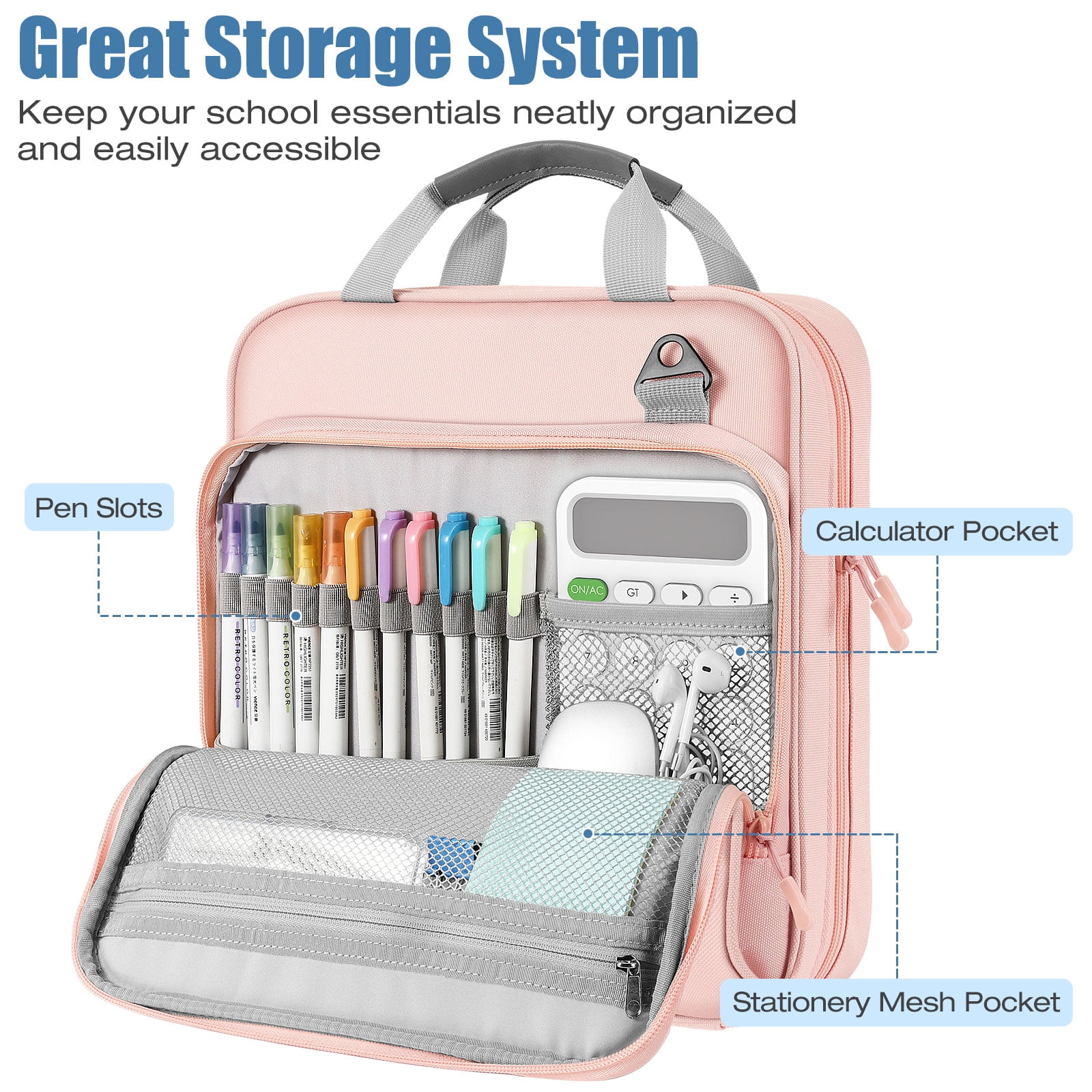 MoKo Zipper Binder with Strap Handle, 2 inch 3 Ring 500 Sheet Capacity Multi-Pockets Binder Organizer, School Office Supplies, Pink