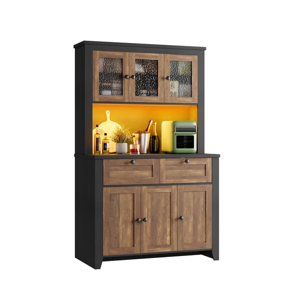 COZONY 66" Tall Pantry Cabinet with Power Outlet and LED Light, Water Ripple Acrylic Doors, Kitchen Hutch with Drawers and Countertop,Black Brown