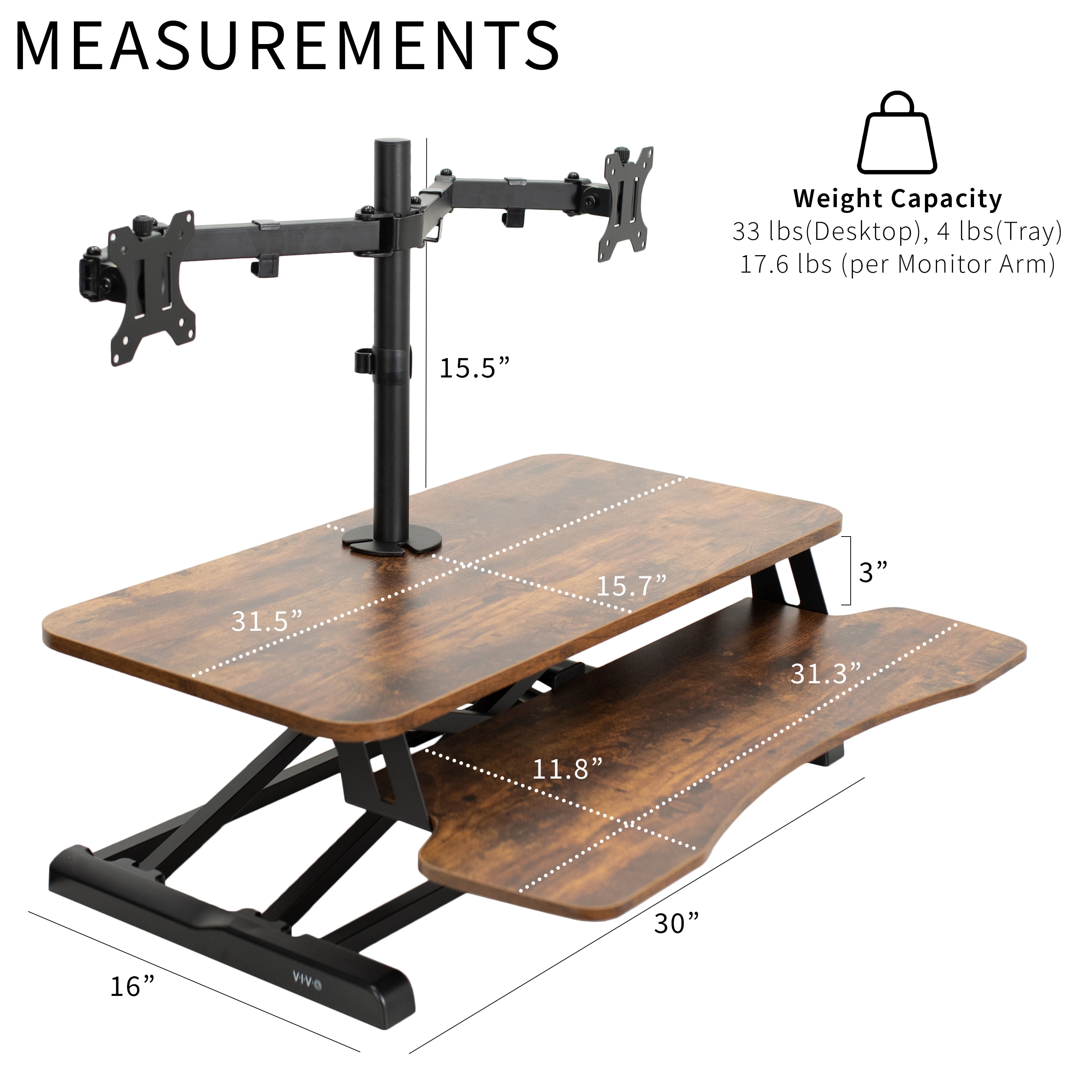 VIVO Vintage Brown/Black 32" Standing Desk Riser with Dual 13"-30" Monitor Mount