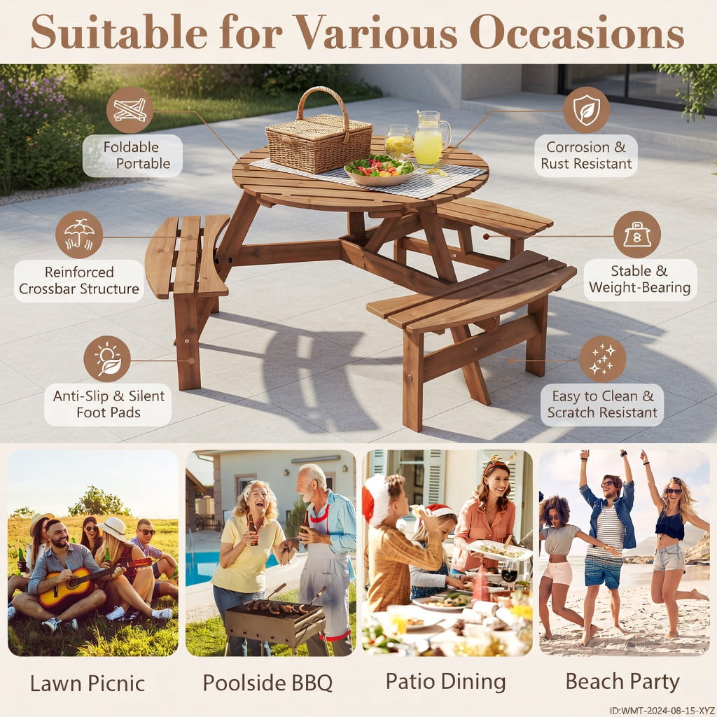 Hommoo 6-Person Round Outdoor Picnic Table Set with 3 Built-in Benches, Umbrella Hole & Weather-Resistant Fir Wood, Brown