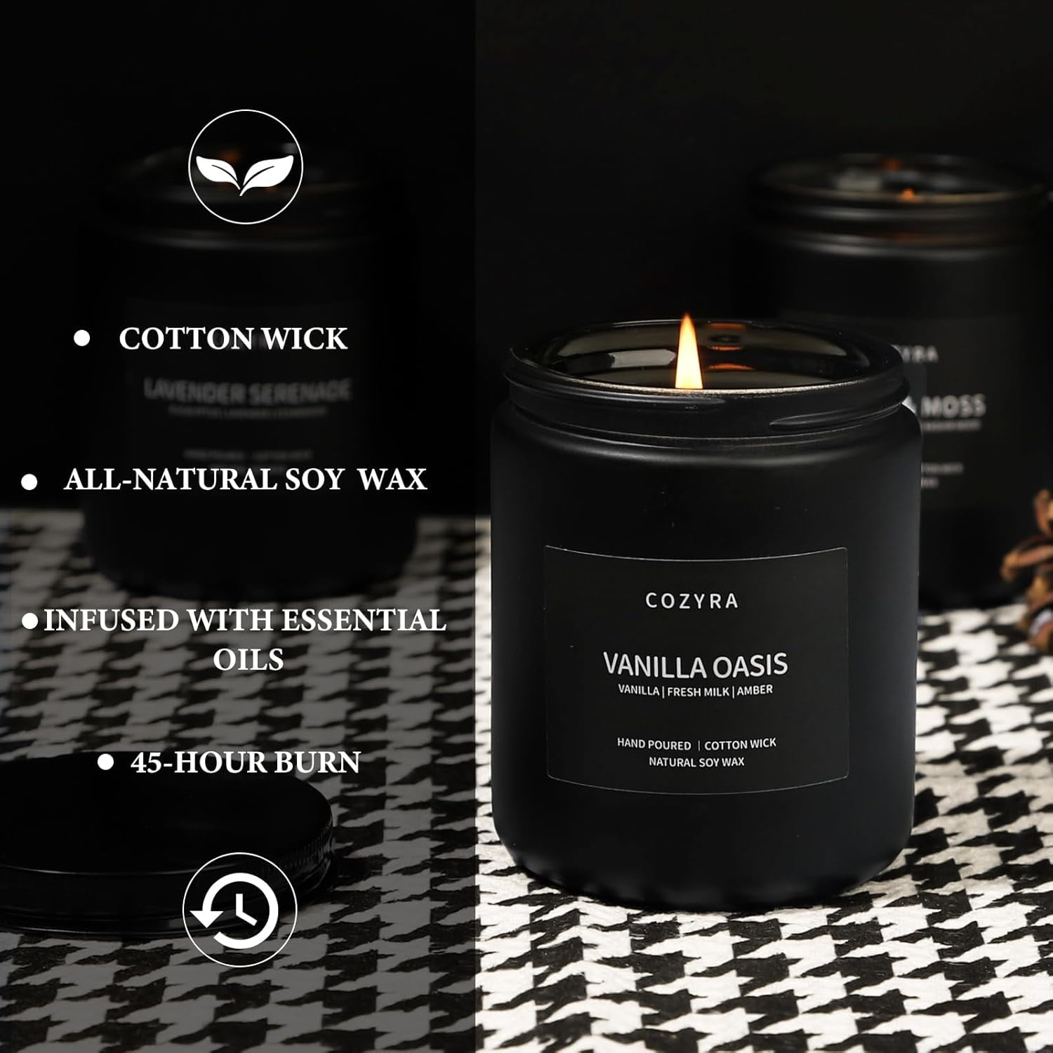 Scented Candles Men Vanilla Candle for Home Soy Candles Gifts for Men Clean Burning Long Lasting Candles Scents of Leather/Oak/Lavender/Smoke & Vanilla Help Sleep, 7.6oz-Black Jar