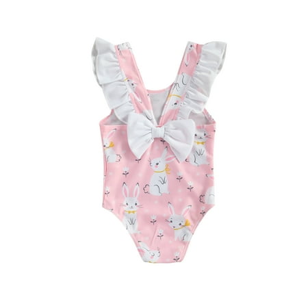 

Xiaoluokaixin Little Girls One-piece Swimsuit Bunny Floral Fly Sleeve Swimwear Cqh