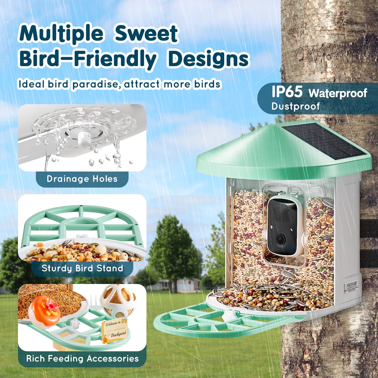 VEVOR Smart Bird Feeder with Camera, 2K HD AI Identify 10000+ Bird Species, Solar-Powered Bird Watching Camera with Auto Capture & Instant Notify, Wireless Outdoor Gift (2 Solar Panels)