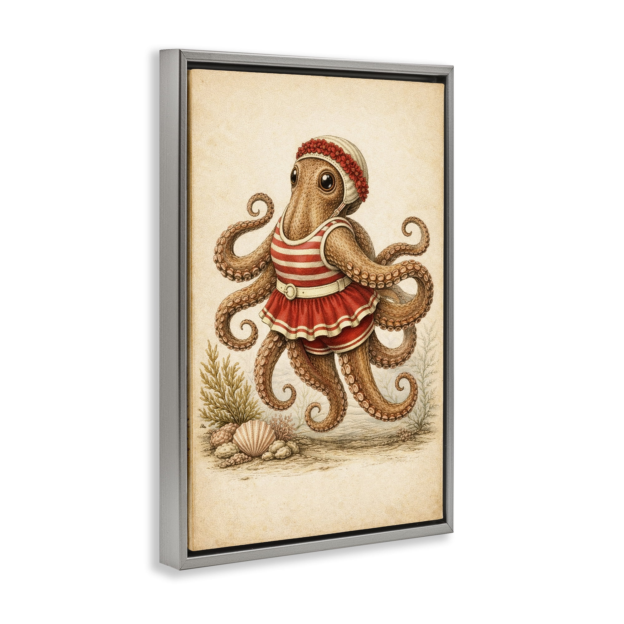 Stupell Industries Octopus of Maritime Bathing Society Gray Framed Floater Canvas Wall Art, design by Grotto Studios