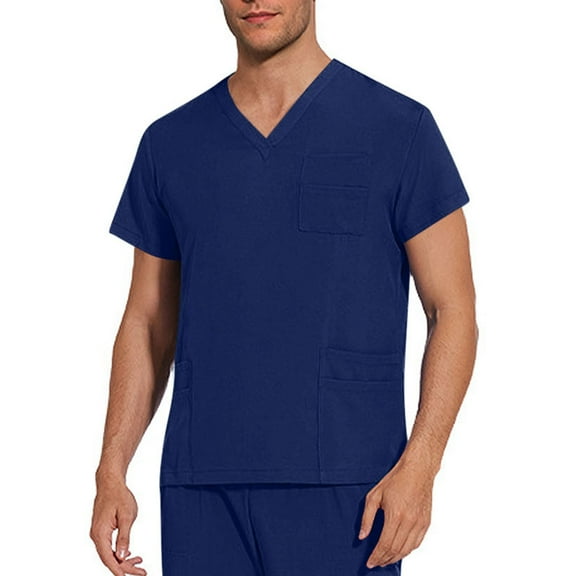 GuangCheng Mens V-Neck Scrub Tops with Two Pockets,Short Sleeve,Soft,Breathable,Comfortable,Tshirts,Dark Blue,Size XL