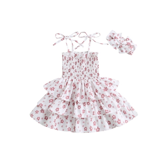 Wassery Toddler Kids Girls Dress Flower Print Tie Knot Straps Sleeveless Sling Dress 12M 18M 24M 2T 3T 4T 5T Infant Girls Summer Casual Ruffles Dress with Headband