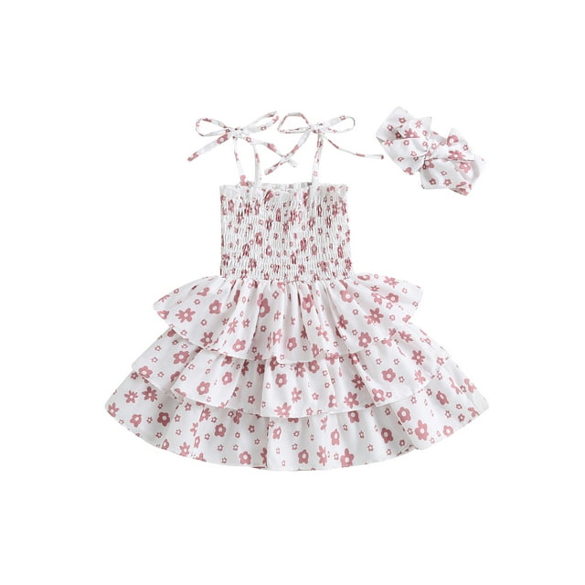 Faithtur Bambin Filles Robe Fleur Impression Noeud Sangles Sans Manches Robe Fronde Été Occasionnels Volants Robe avec Bandeau