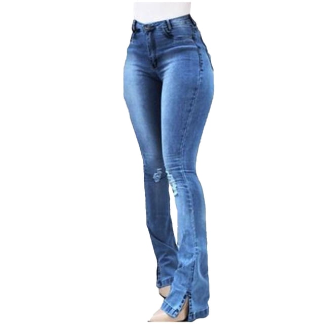 Pantalones Pitillo Elásticos de Cintura Alta Para Mujer, Pantalones Ajustados Con Botones, Pantalones Acampanados Con Agujeros, Pantalones Vaqueros Odeerbi ODB-6