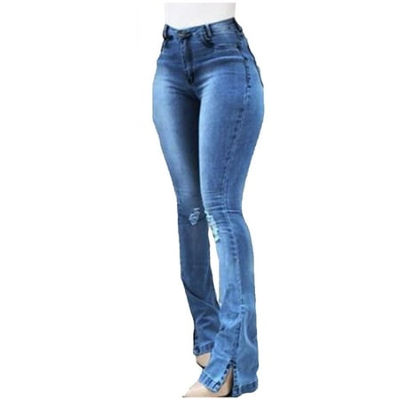 

KEJIG Jogger Scrub Pants For Women Women High Waisted Skinny Pocket Stretch Slim Button Trousers Hole Flare Pants Denim Jeans
