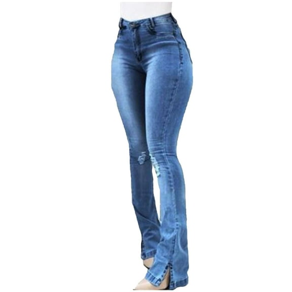 Giftesty Pants for Women Clearance Women High Waisted Skinny Pocket Stretch Slim Button Trousers Hole Flare Pants Denim Jeans