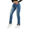 thumbnail image 4 of PAOLA RIBONI Women's Ripped Letter Patched High Waist Jeans in Classic Blue, Casual Denim Trousers with Split Hem for Daily Outdoor Wear and Comfort, 4 of 8