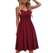 Casual Dresses for Women Sleeveless Cotton Summer Beach Dress A Line Spaghetti Strap Sundresses with Pockets