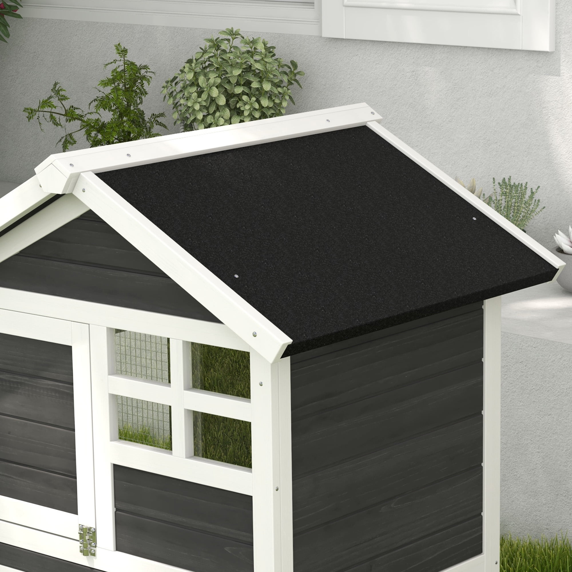 Dog Bed PawHut 48" Wooden Rabbit Hutch Bunny Cage with Waterproof Asphalt Roof, Fun Outdoor Run, Removable Tray and Ramp, Grey,Large Dog Bed