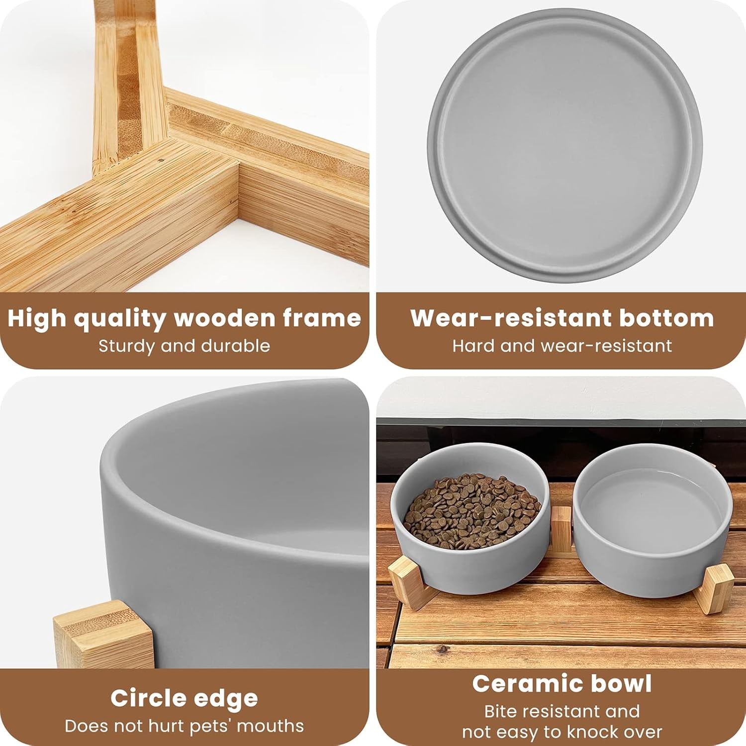 Ceramic Dog Bowls,Dog Bowl Set With Acacia Wood Stand - 13.5oz Ceramic Puppy Bowls For Small Dogs, Dual Food And Water Bowls With Weighted Non-Slip Base