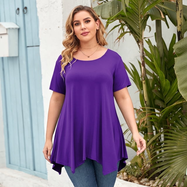 LARACE Tuniques Grande Taille pour Femmes, Coupe Ample, Chandail à Enfiler, T-shirt à Manches Courtes, Blouse à Col Rond pour Dames Grande Taille, Violet Foncé 4X