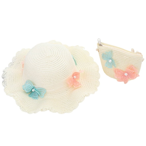 56-58cm hat circumference women's straw hat summer beach big brim sun hat butterfly sunscreen hat and straw bag set - Milky white
