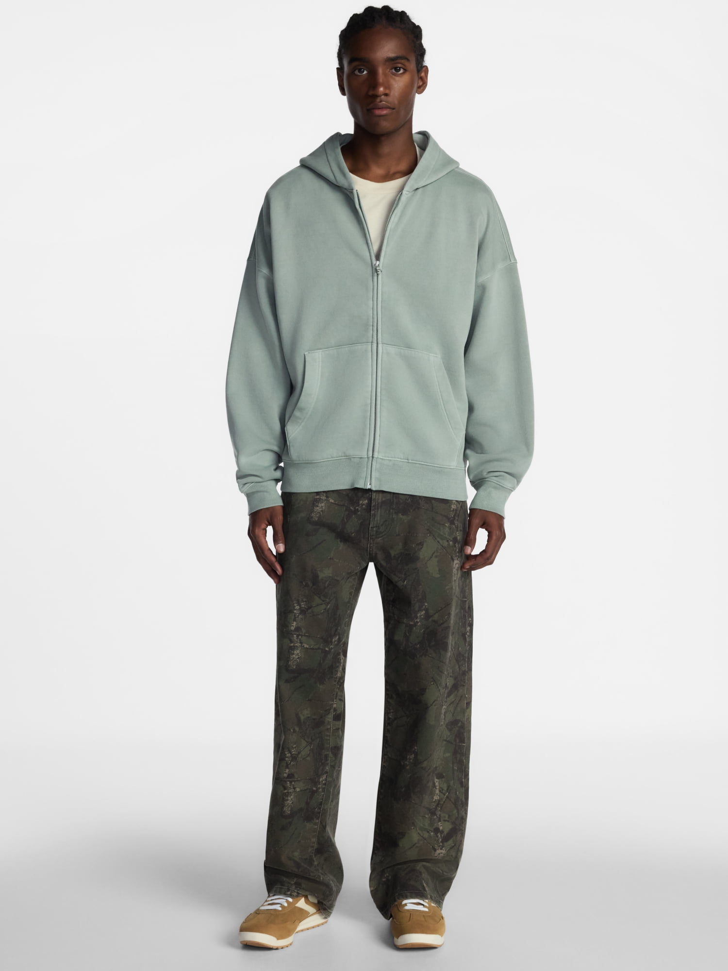 No Boundaries Boxy Oversized Fit Fleece Zip Hoodie Sweatshirt with Long Sleeves, Men's XS-4XLT