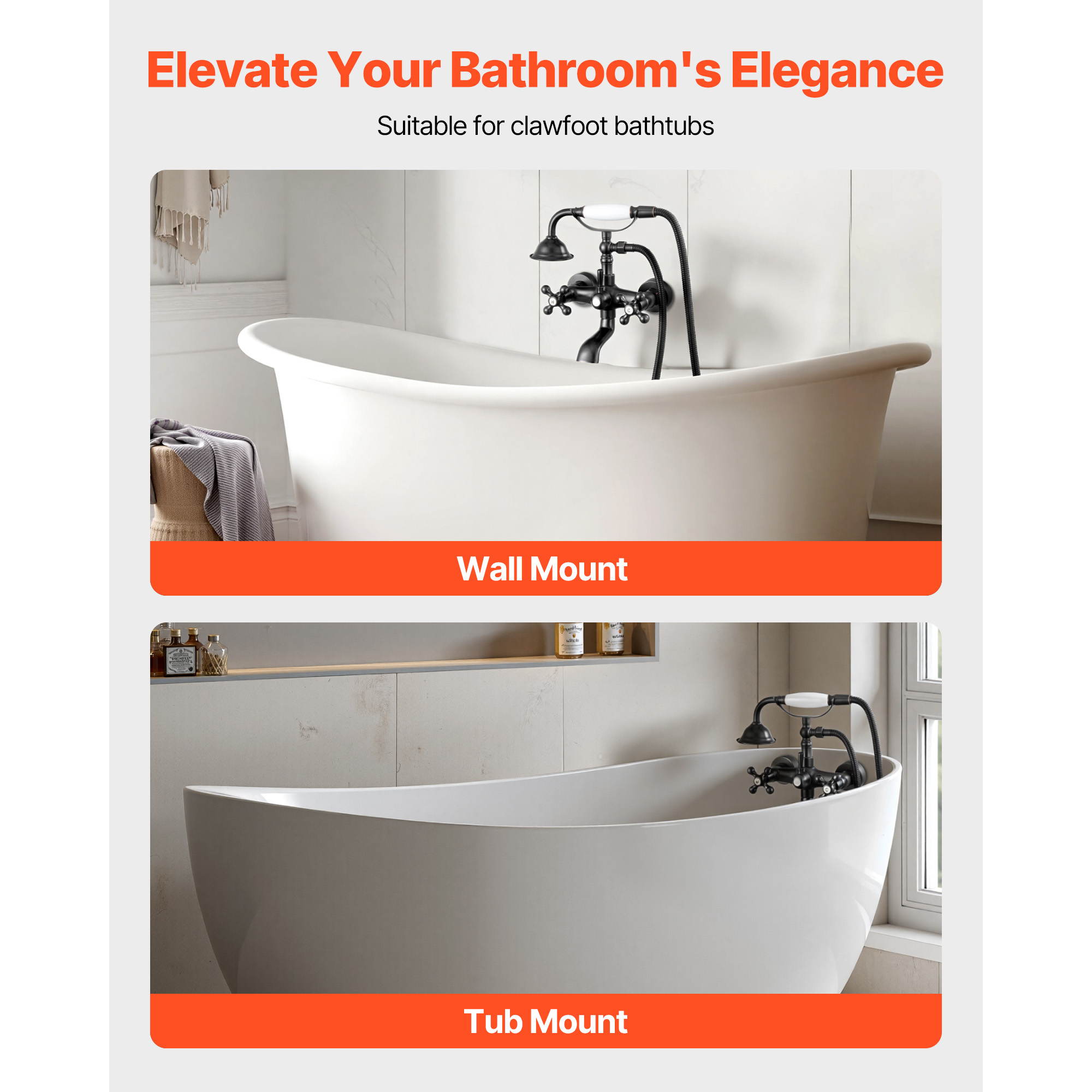 KFFKFF Wall-Mounted Clawfoot Tub Faucet with Handheld Shower, Vintage Oil-Rubbed Bronze Bathtub Filler Kit Featuring Adjustable Swing Arms and 360° Rotating Spout