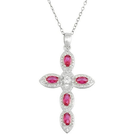 Created Ruby and Created White Sapphire Sterling Silver Cross Pendant, 18
